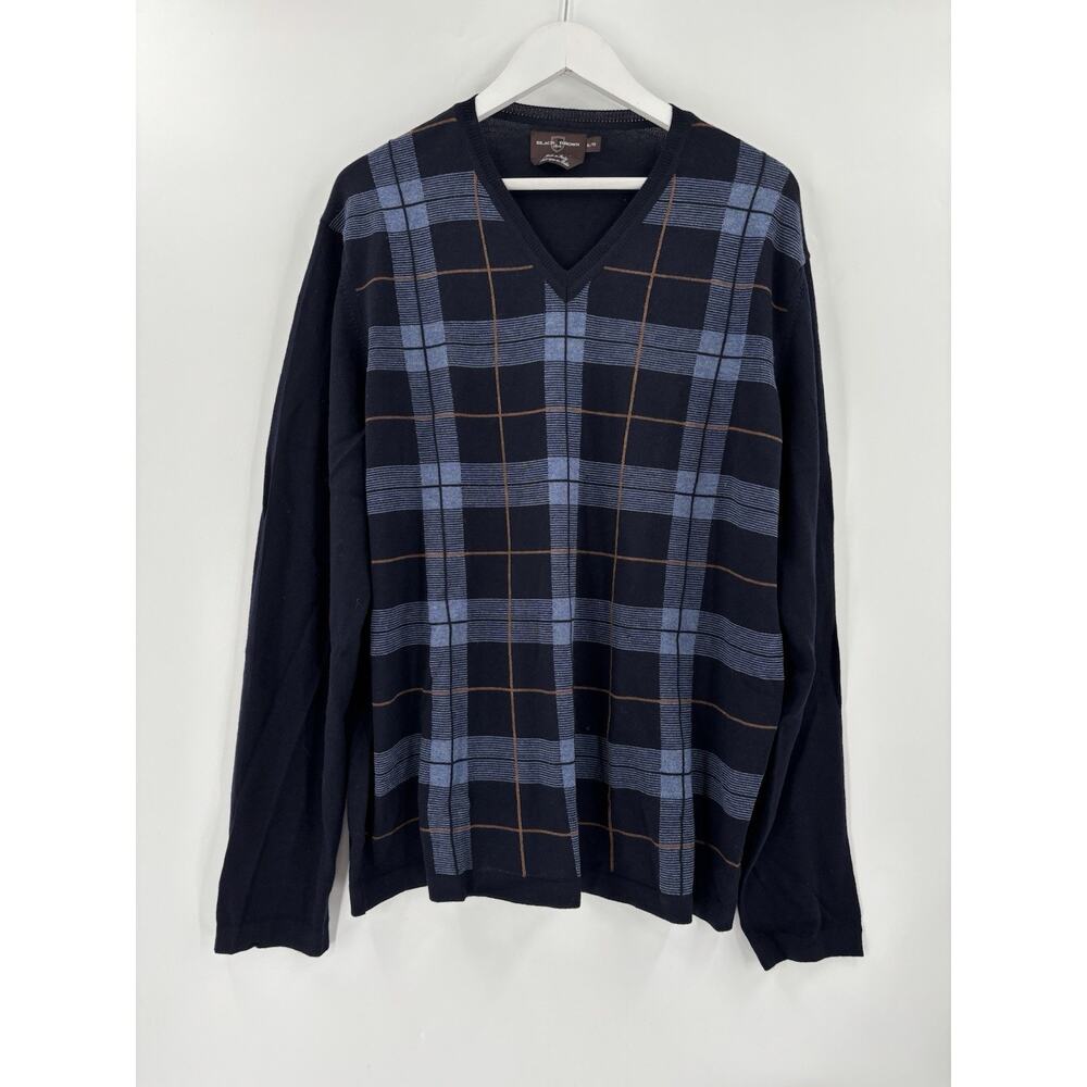 Black Brown 1826 Sweater Mens XL Blue Plaid 100% Merino Wool V Neck Pullover
